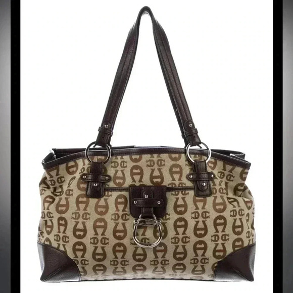 VTG ETIENNE AIGNER Brown Monogram Canvas Shoulder Tote - Picture 1 of 11